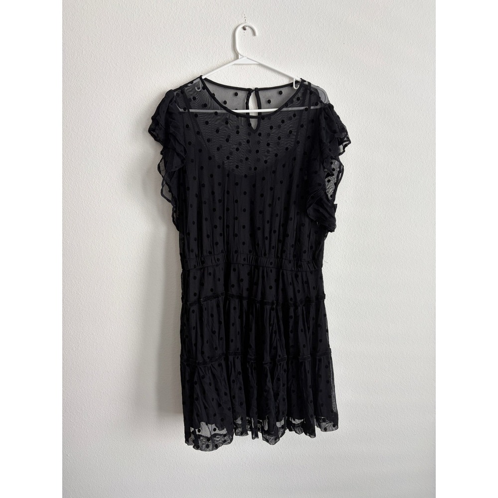 LC Lauren Conrad Black Mesh Polka Dot Tiered Mini Dress XXL Flutter Sleeve